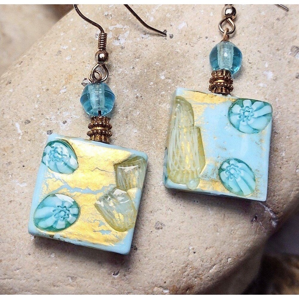 Millefiori Murano Glass Gold Flake Dangle Earrings